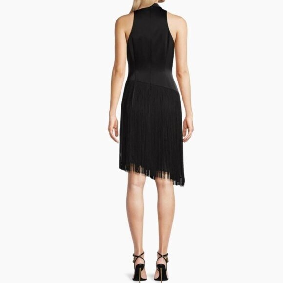 Liv Foster Mock Neck Sleeveless Midi Asymmetrical Fringe Crepe Dress Size 8 New - Picture 16 of 16
